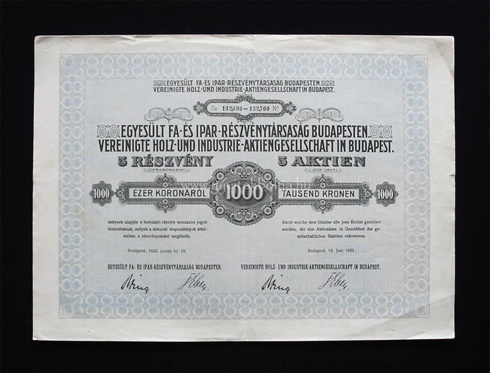 Egyesült Fa- és Ipar Részvénytársaság részvény 5000 korona 1923